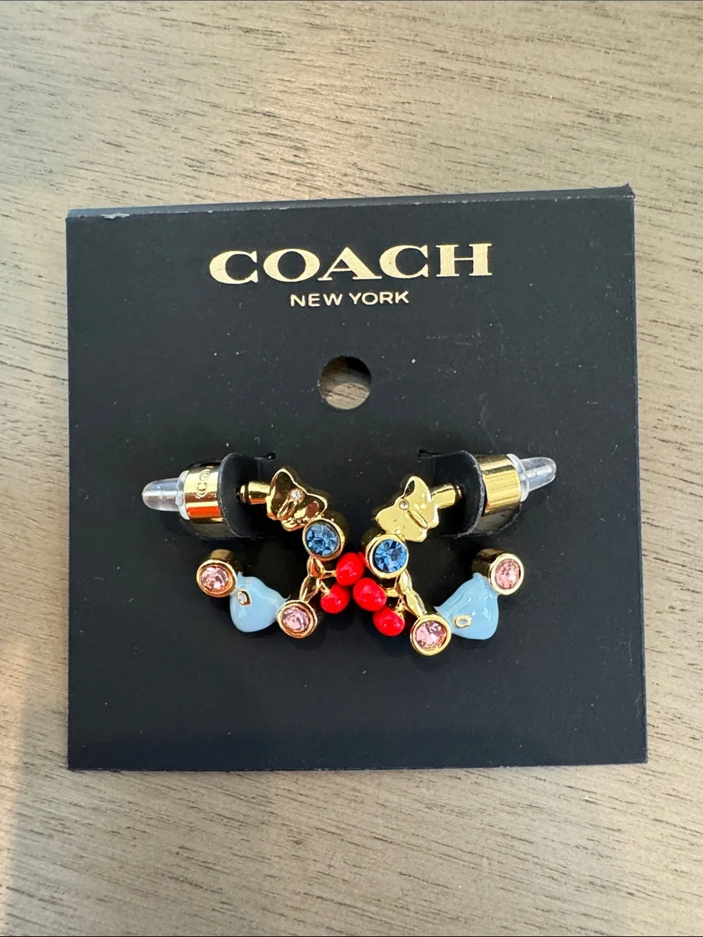 Coach Gold-Tone Multicolor Ear Jacket Earrings with Blue Enamel & Red Beads - Picture 1 of 3